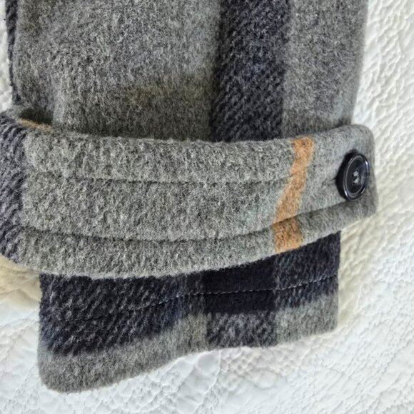 Modcloth Women's Gray Orange Plaid Pea Coat Size Medium Toggles Hooded Retro Y2K - Picture 5 of 15